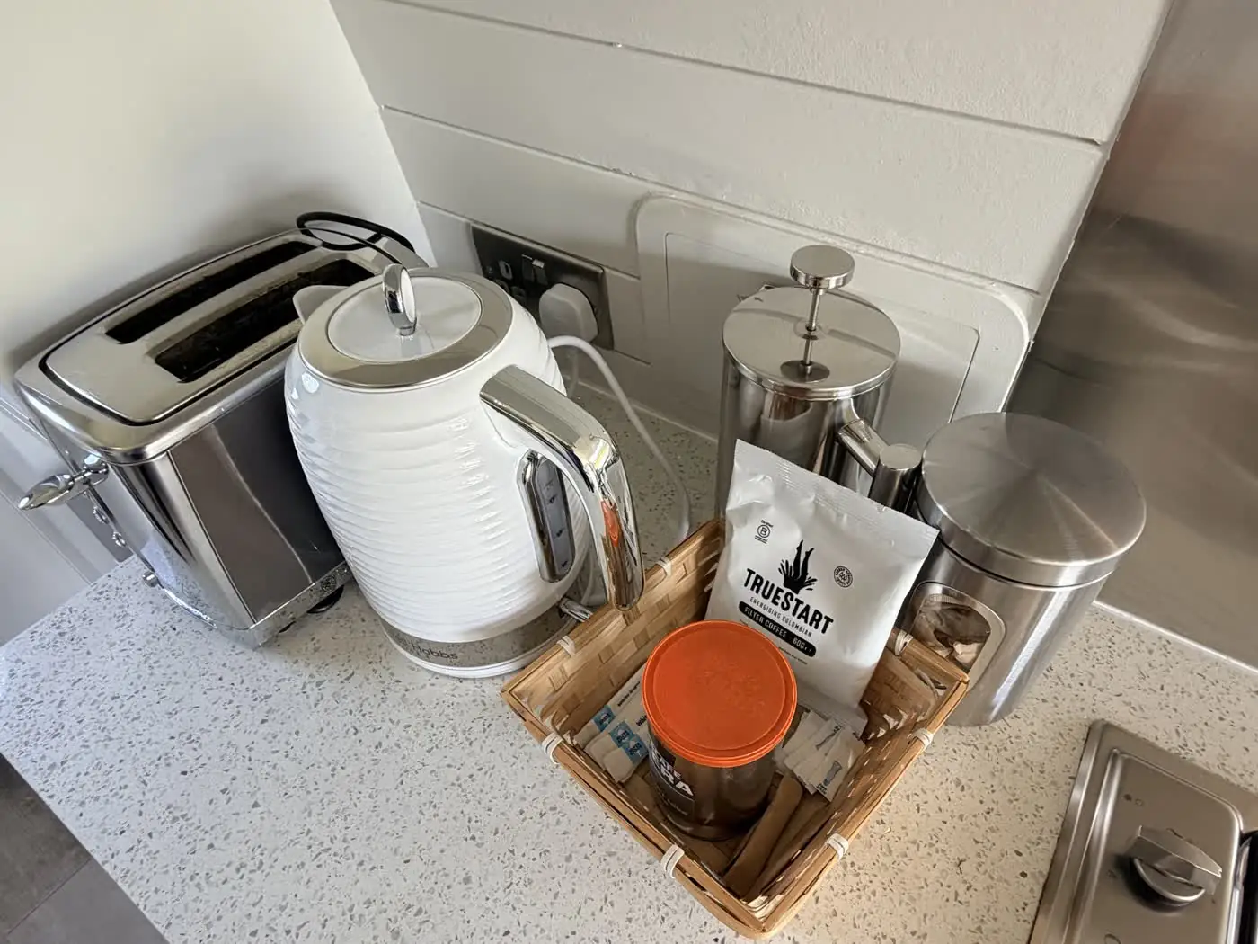 Tea and coffee tray in the pod kitchen
