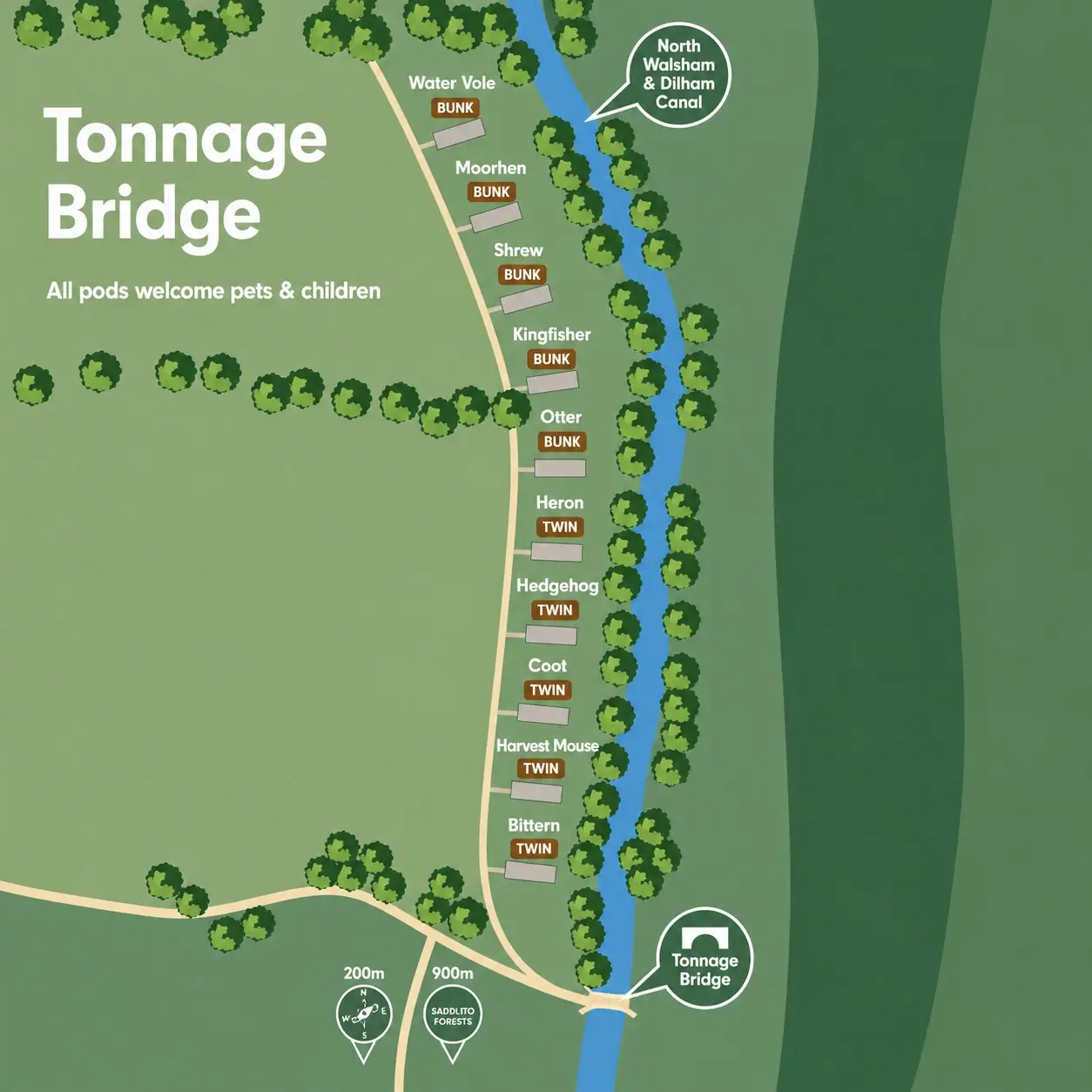 Illustrated map of the ten Tonnage Bridge pods spaced out along the North Walsham and Dilham Canal, from Water Vole at the top to Bittern beside Tonnage Bridge